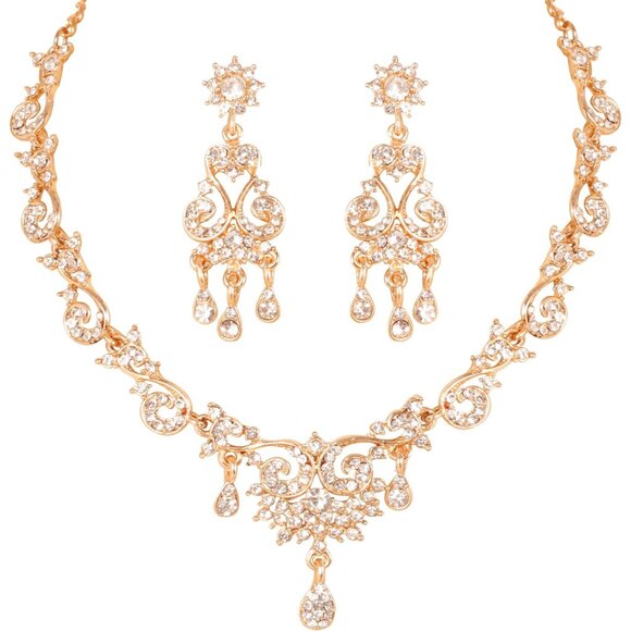 Indian Bollywood Rhinestone Necklace Set in Gold & White, Elegant Design - Picture 1 of 9